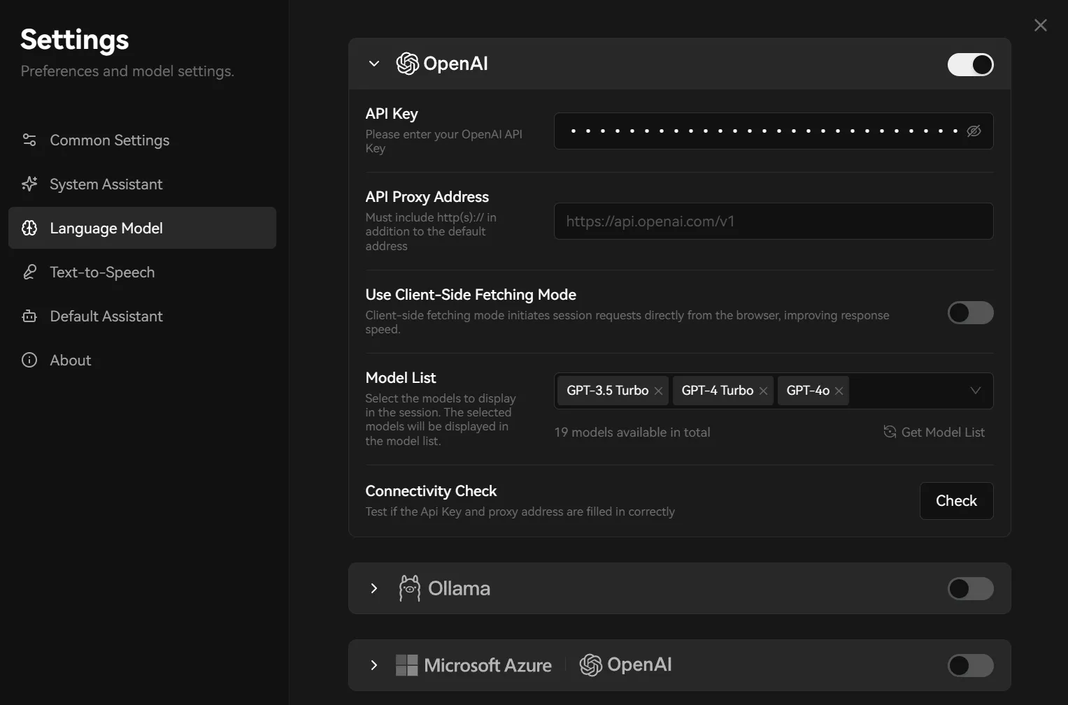 在 LobeHub 中填写 OpenAI API Key